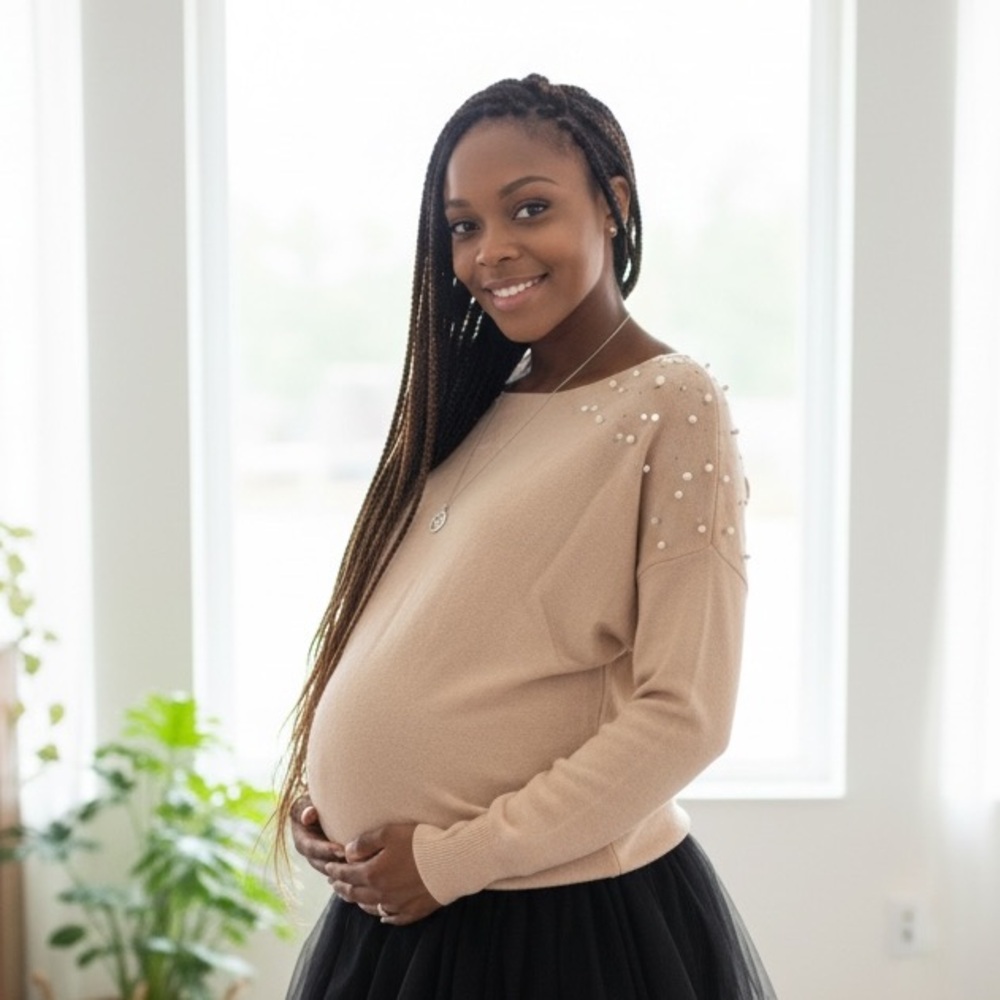 Sirenlily Maternity Beige Top with Pearl & Stud Embellishments NWT
